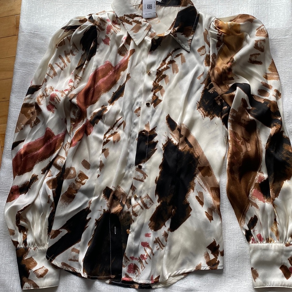 tan brown cream button down shirt satin like fabrics